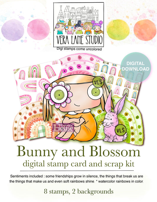 Bunny and Blossom - 7 digi  stamp card kit  in jpg and png files