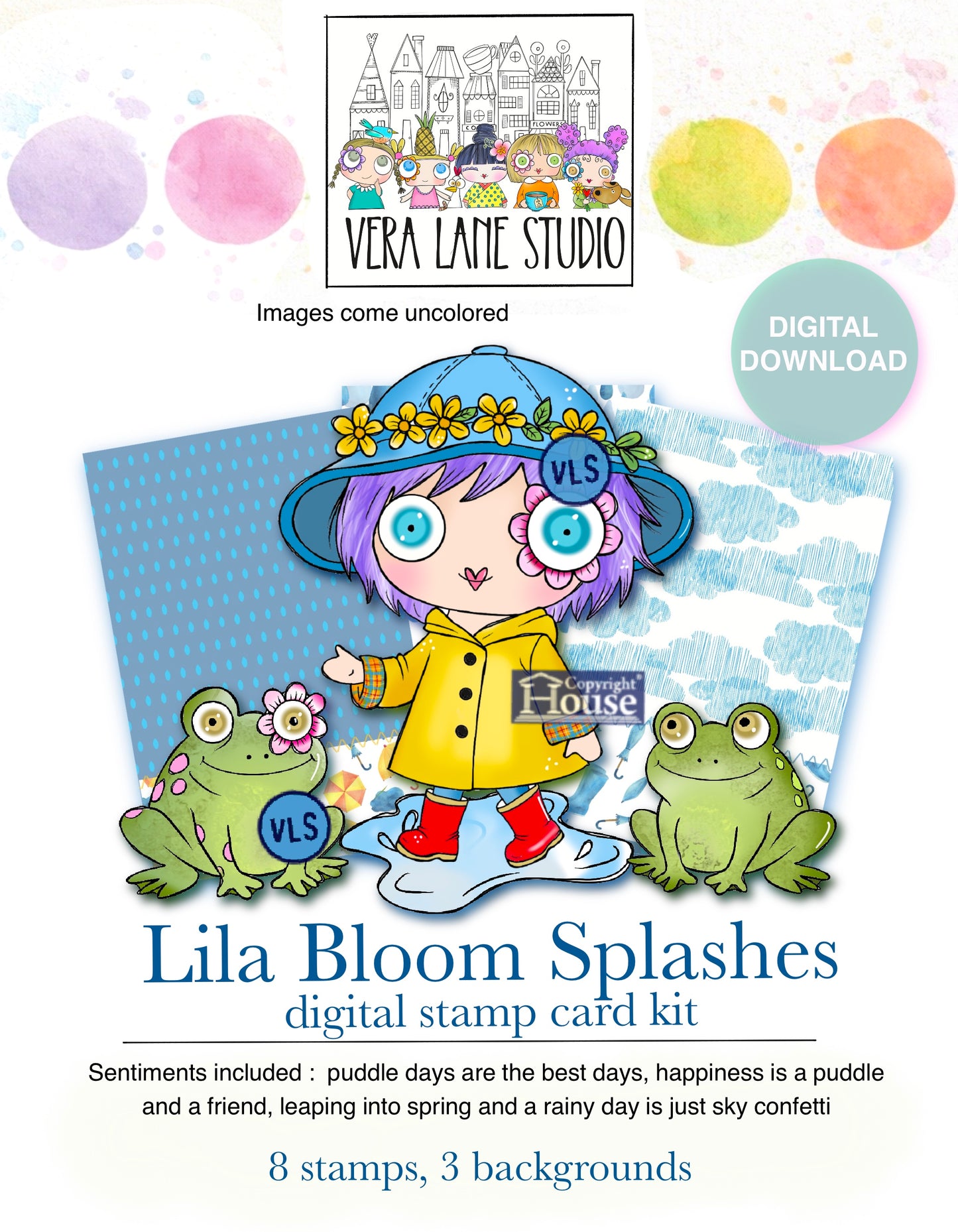 Lila Bloom Splashes Digital Stamp Set – 8 stamps, 3 backgrounds Instant Download,  Cardmaking and scrapbooking