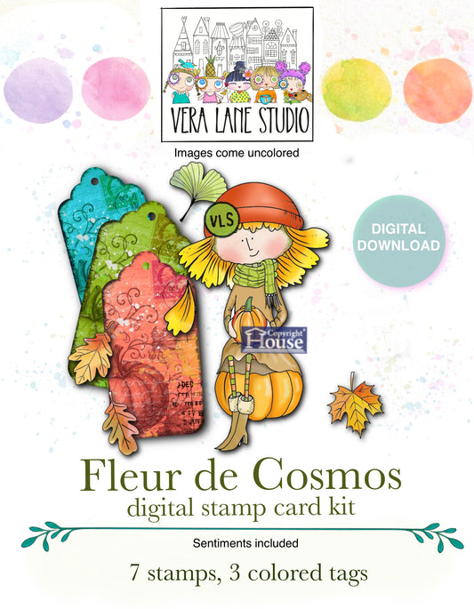 Fleur de Cosmos - 8 Digi stamps and 3 colored tags