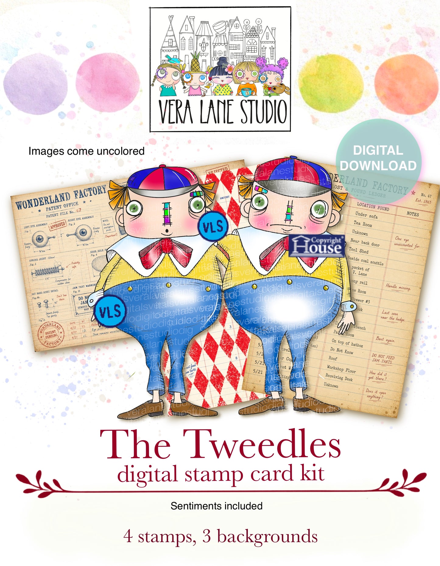 Tweedle Twins Digital Stamps Alice Wonderland Card Kit Background Papers Printable