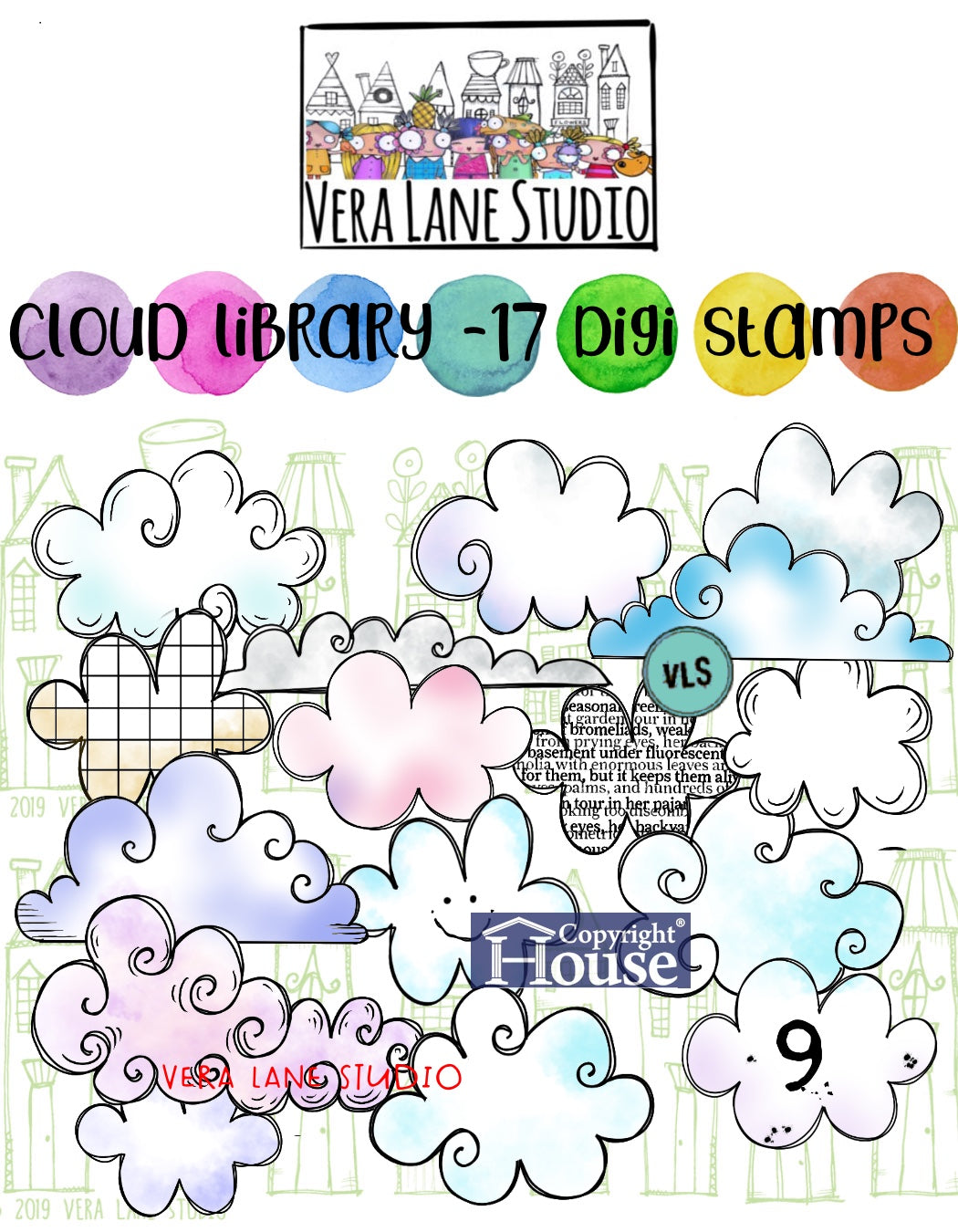 Cloud Library - 17 Digi stamps in jpg  and png files