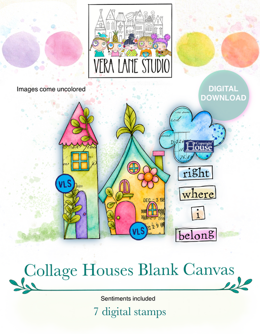 Whimsical Collage House Digital Stamps – 7 Blank Canvas Digi Stamps for Cardmaking, junk journals, hybrid scrapbooking