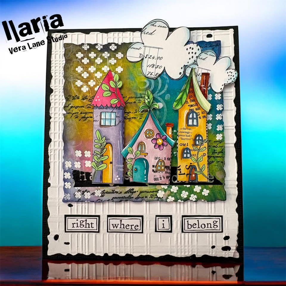 Whimsical Collage Houses Card Kit – Vera Lane Studio Digi Stamps & Printable Art Background for Scrapbooking, Journaling & DIY Cards