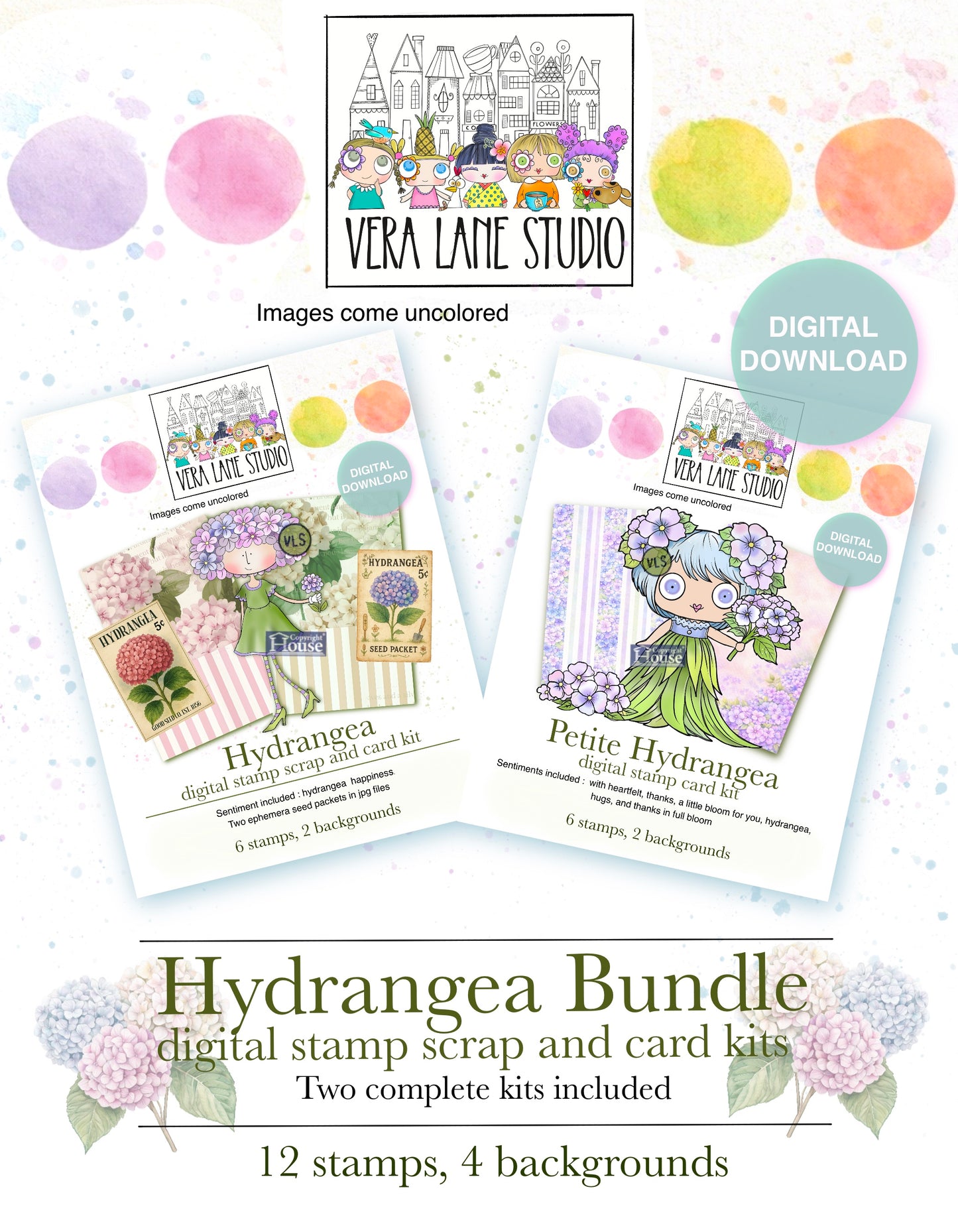 Hydrangea bundle, digital Stamp kits - 12 stamps , 4 backgrounds