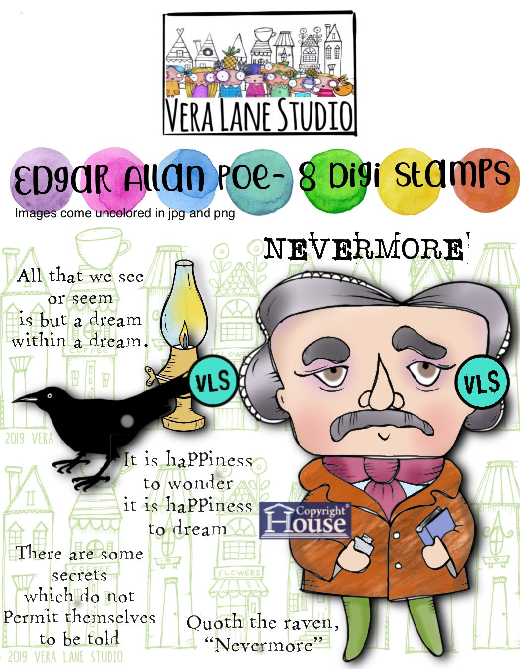 Edgar Allen Poe - 8 Digi stamp set in jpg and png files