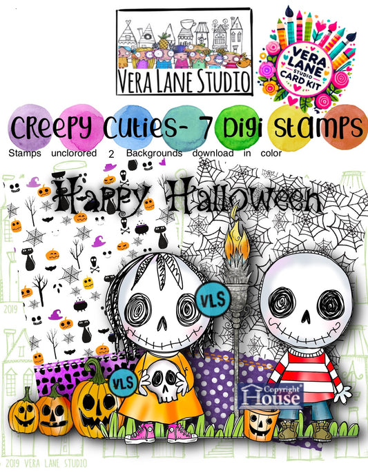 Creepy Cuties Card Kit - 7 Digi stamps in jpg and png files, 2 colored backgrounds