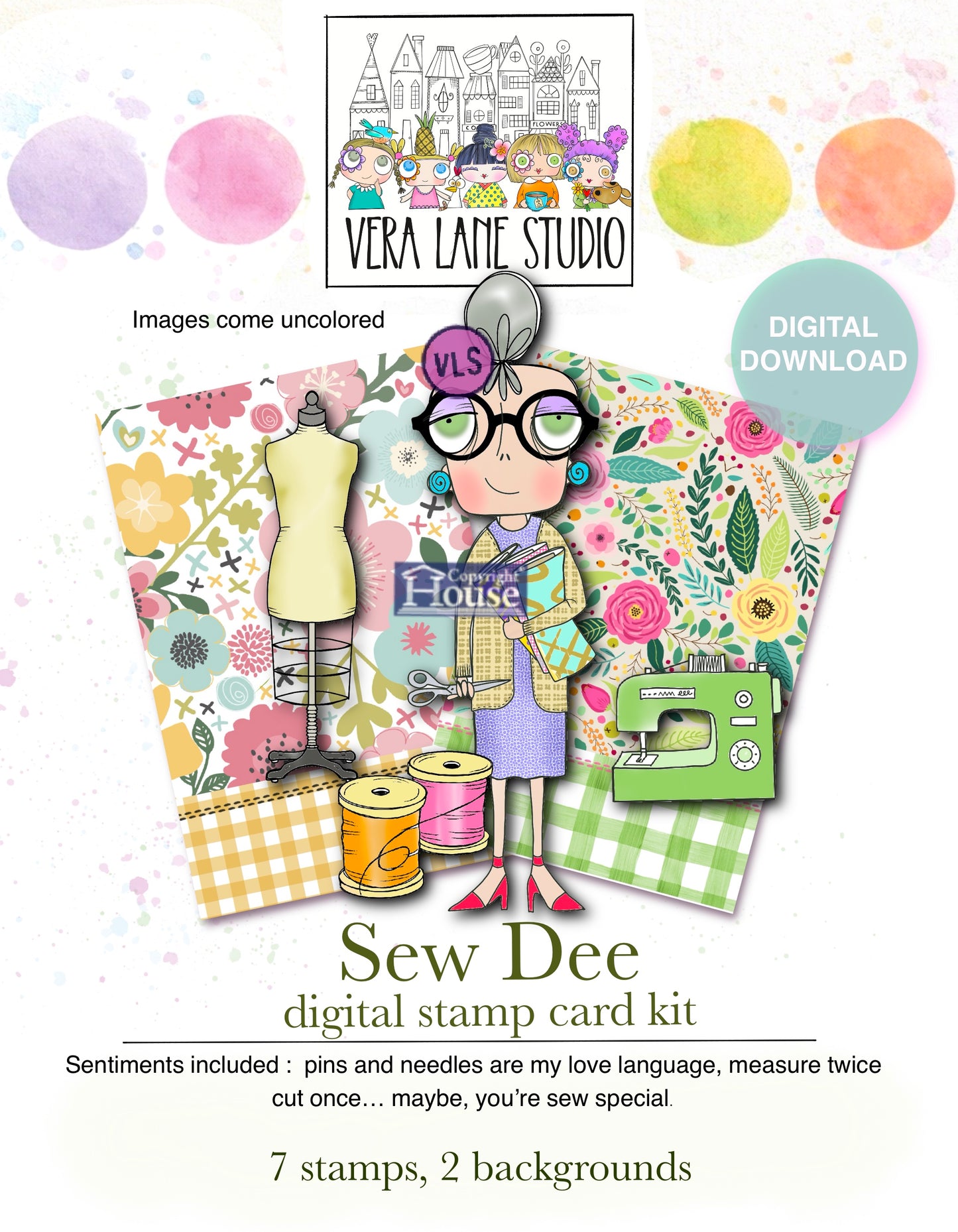 Sewing Digital Stamps Set – Sew Dee Digi Stamps & Backgrounds for Cardmaking, Junk Journals, Crafting & Scrapbooking