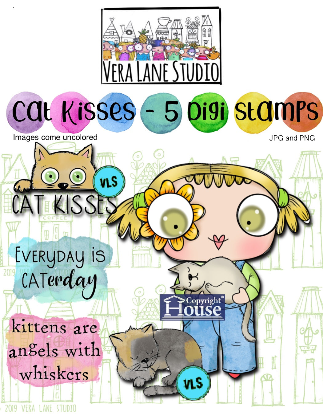 Cat Kisses - 5 Digi stamp set in jpg and png files