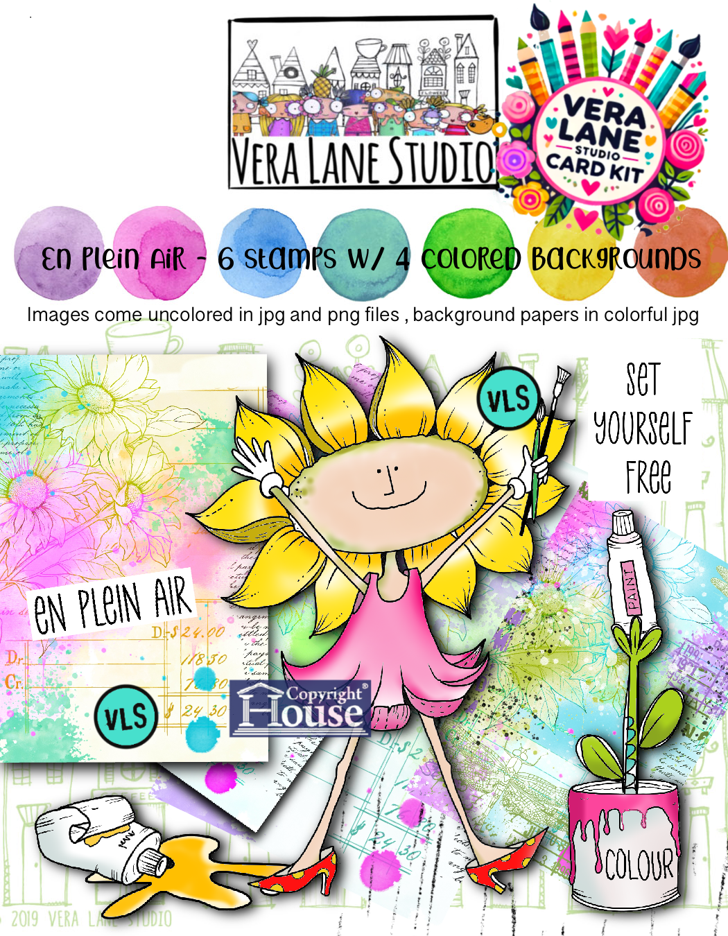 En plein air card kit - 6 Digi stamps in jpg and png files, 4 colored backgrounds