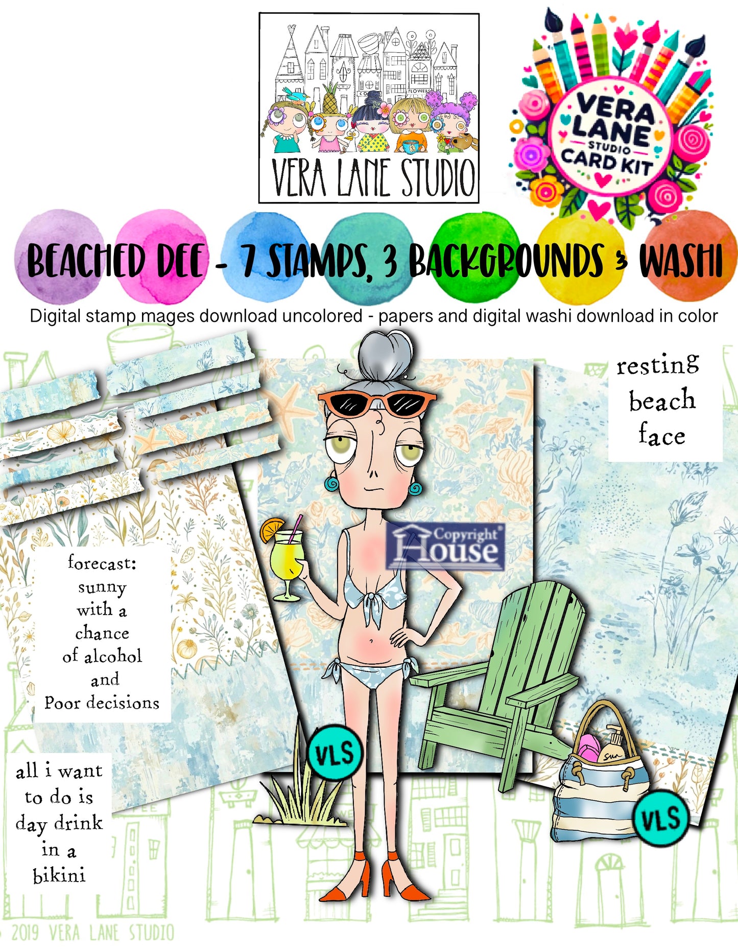 Beached Dee Digital Card Kit - 7 stamps, 3 backgrounds and washi tapes