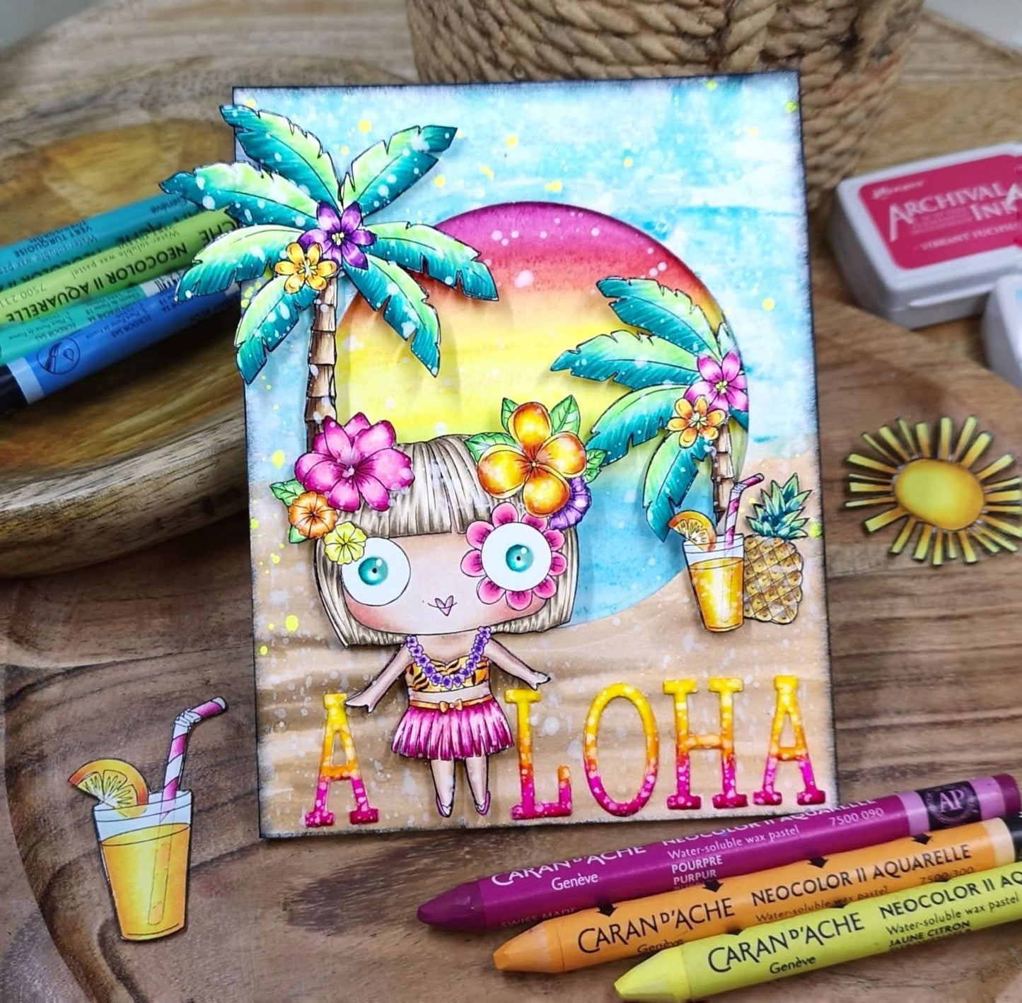 Emily Anne’s Hawaii digital card kit - 7 Digi stamps in jpg and png files, 3 colored backgrounds