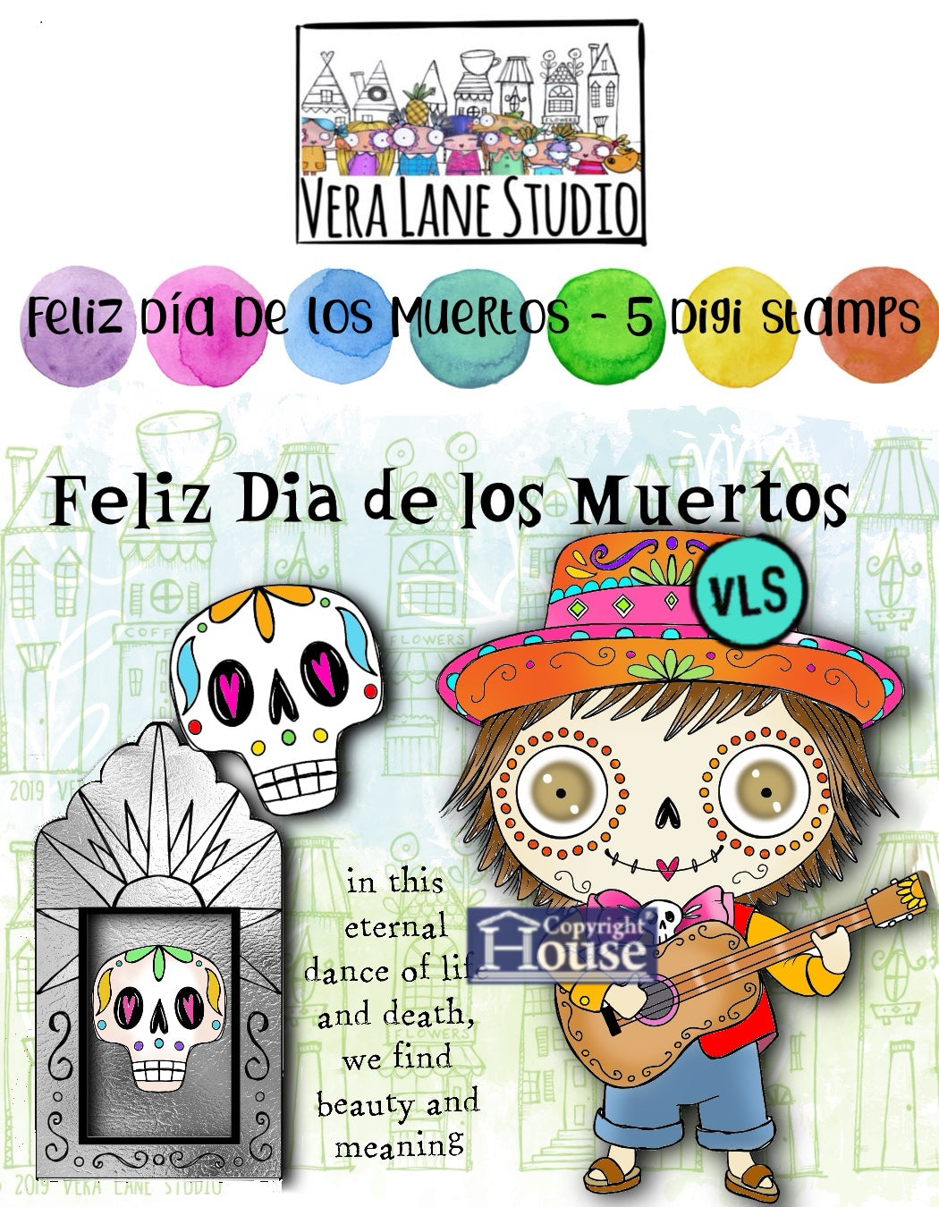 Feliz dia de los Muertos - 5 Digi stamps in jpg and pig files