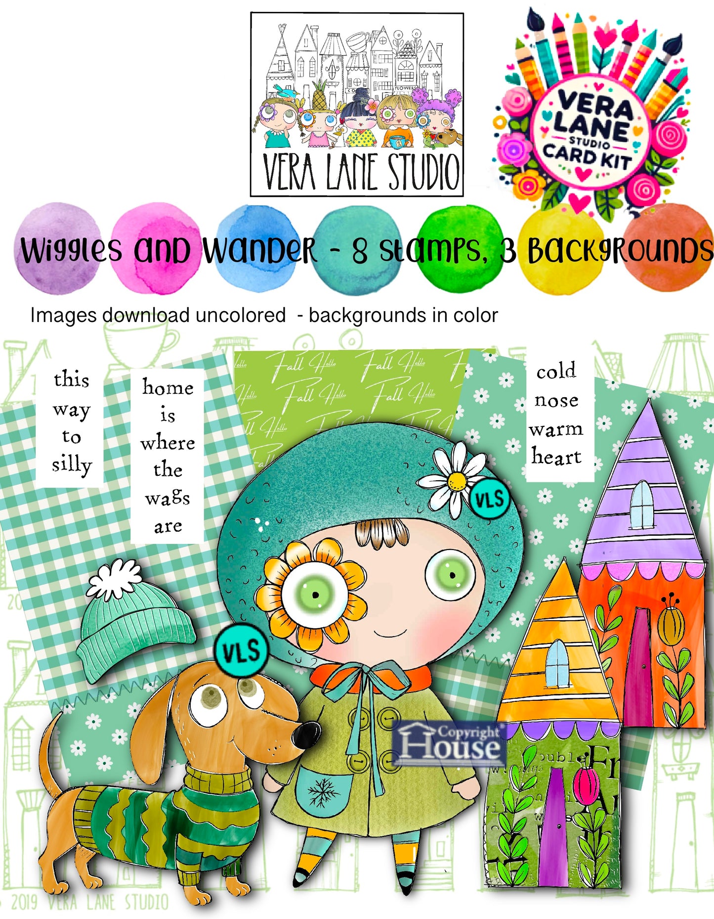 Whimsical Digital Stamps Set – Wiggles and Wander Flower Eye Girl, Dog, Houses, 3 Backgrounds