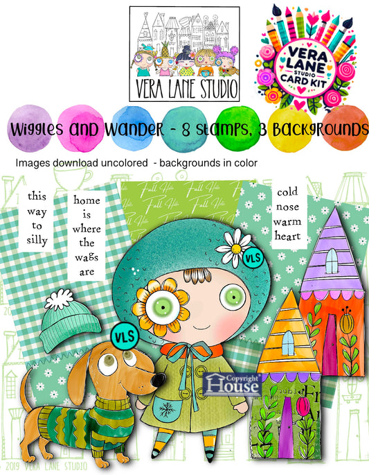 Whimsical Digital Stamps Set – Wiggles and Wander Flower Eye Girl, Dog, Houses, 3 Backgrounds