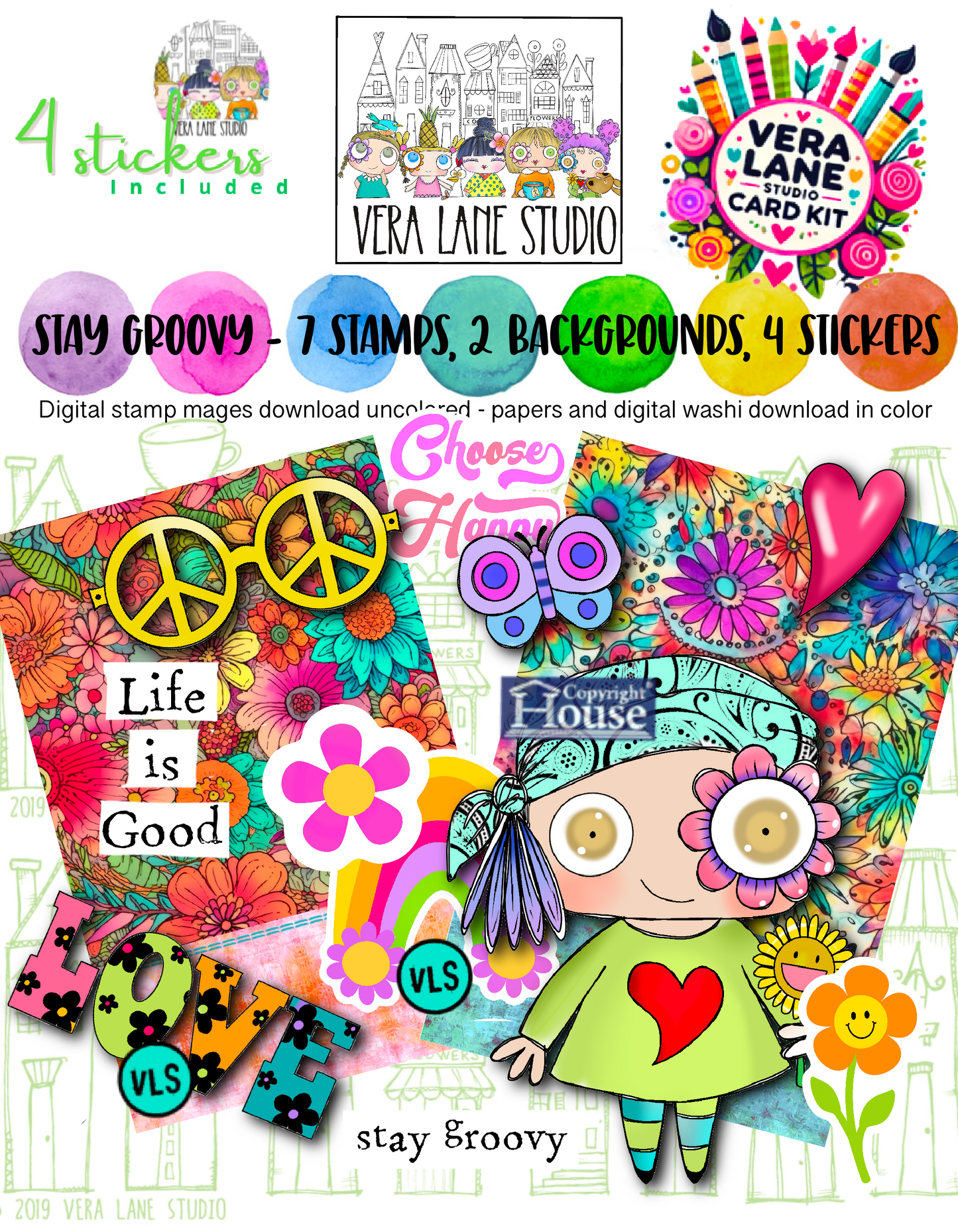Stay Groovy card and scrap kit - 7 Digi stamps in jpg and png files, 2 backgrounds, and four bonus stickers