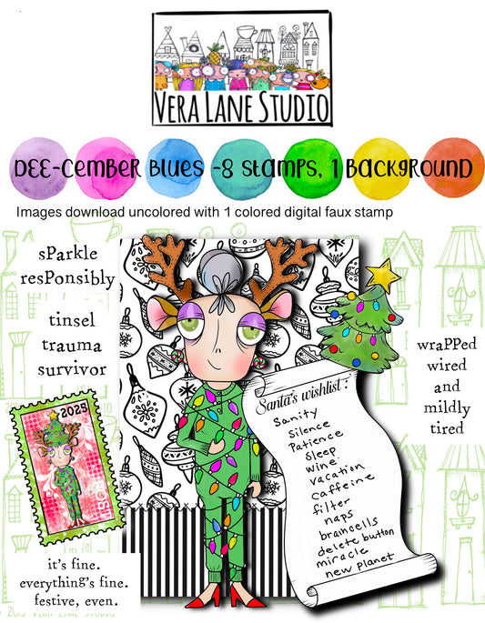 DEE-cember Blues - Miss Dee digital stamp kit with 8 stamps 1 background in jpg and png files