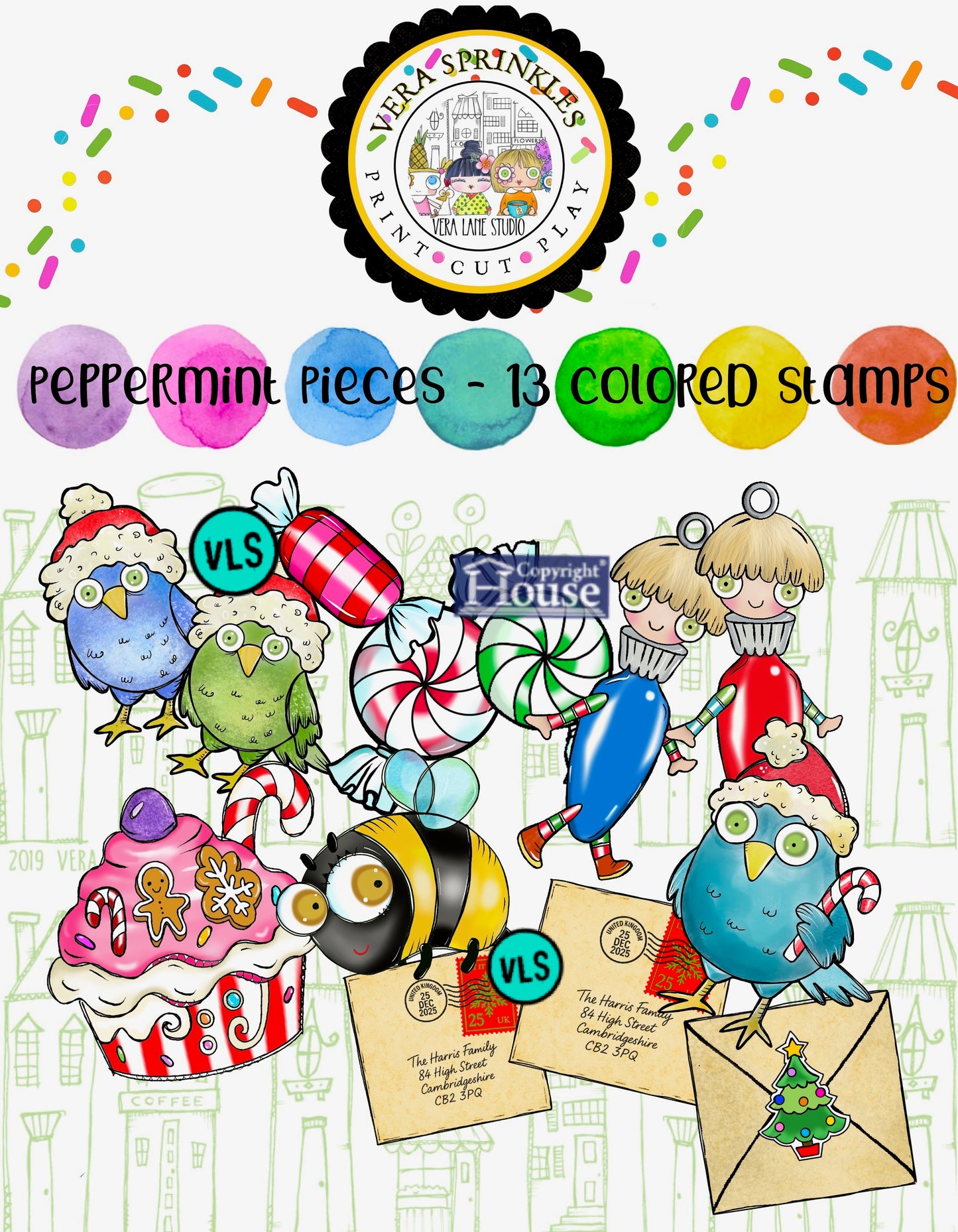 Vera Sprinkles Peppermint Pieces – Whimsical Christmas Digital Stamps, Candy Holiday Printables, Cute Hand Drawn Art for Cards & Crafts