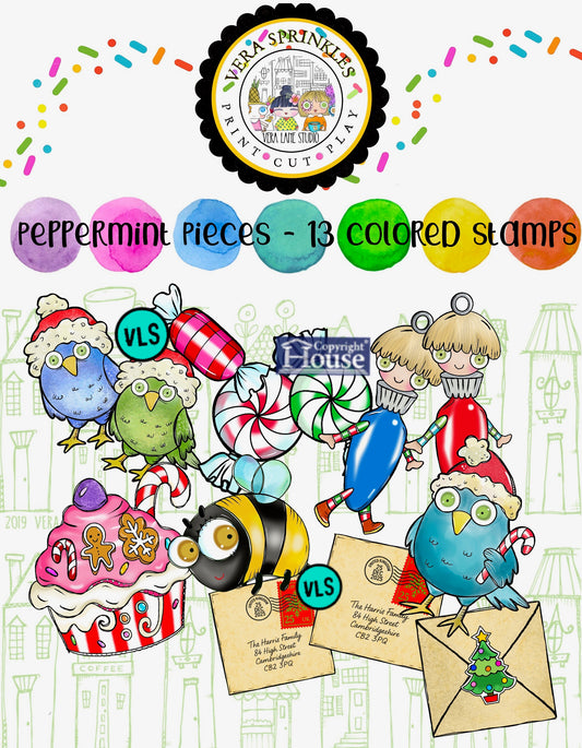 Vera Sprinkles Peppermint Pieces – Whimsical Christmas Digital Stamps, Candy Holiday Printables, Cute Hand Drawn Art for Cards & Crafts