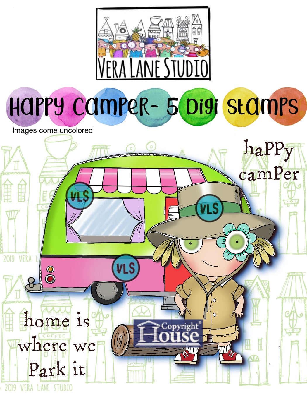 Happy Camper - 5 Digi stamps in jpg and png files