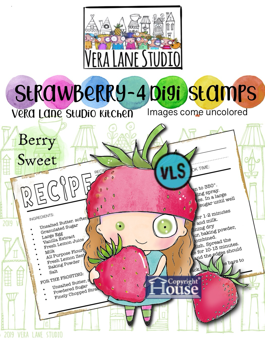 Strawberry. 4 Digi stamps in jpg and png files