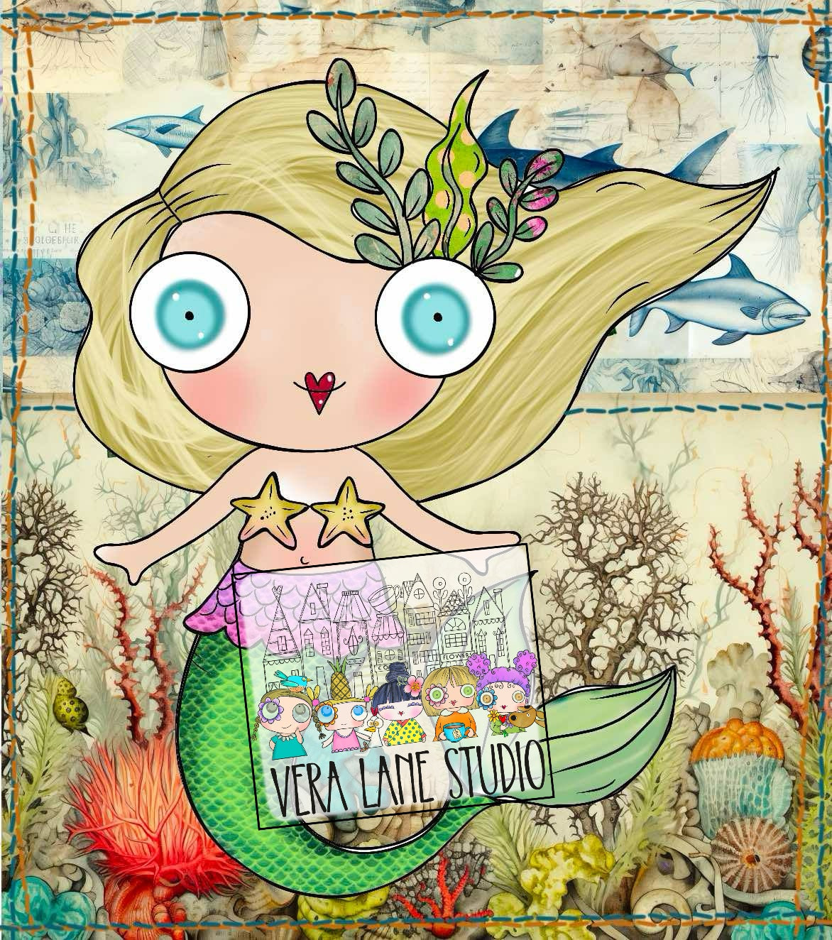 Pearls and Tides Mixed Media Mermaid Kit – 26 Digital Files with Mermaid Doll, Outfits, ATC and Card Backs, Word Clips, Faux Washi