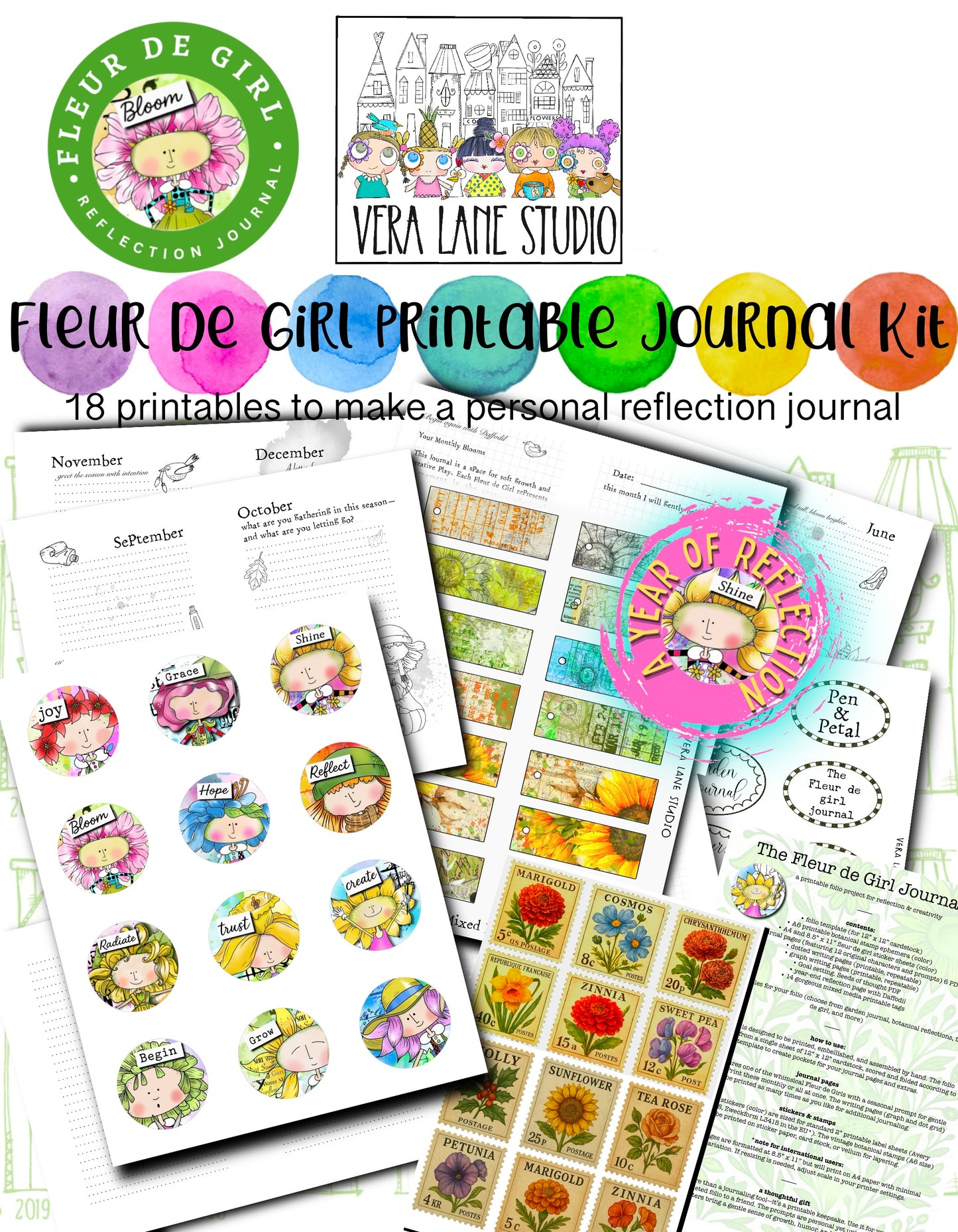 Fleur de Girl Printable Journal Kit – 18 Reflection Printables with 12 Fleur de Girl Characters, Monthly Prompts, Stickers, Tags & Add-On Pages