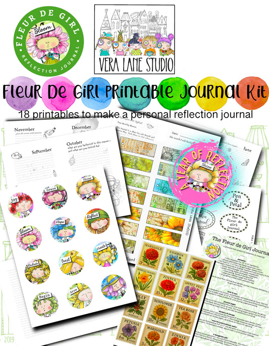 Fleur de Girl Printable Journal Kit – 18 Reflection Printables with 12 Fleur de Girl Characters, Monthly Prompts, Stickers, Tags & Add-On Pages