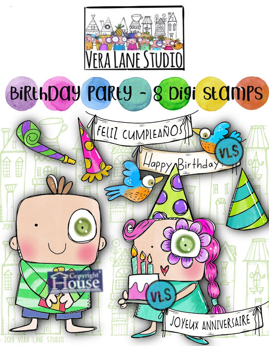 Birthday Party  - 10 Digi stamp set in jpg and png files