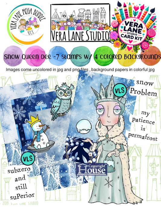 Snow Queen Dee mega bundle Card Kit - 7 digi stamps, 4 colored backgrounds