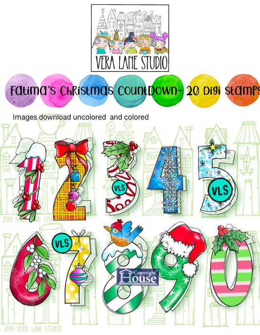 Fatima’s Christmas Countdown Stamps – Hand 20 Illustrated Numbers,Bonus Ready-to-Print C olor Designs