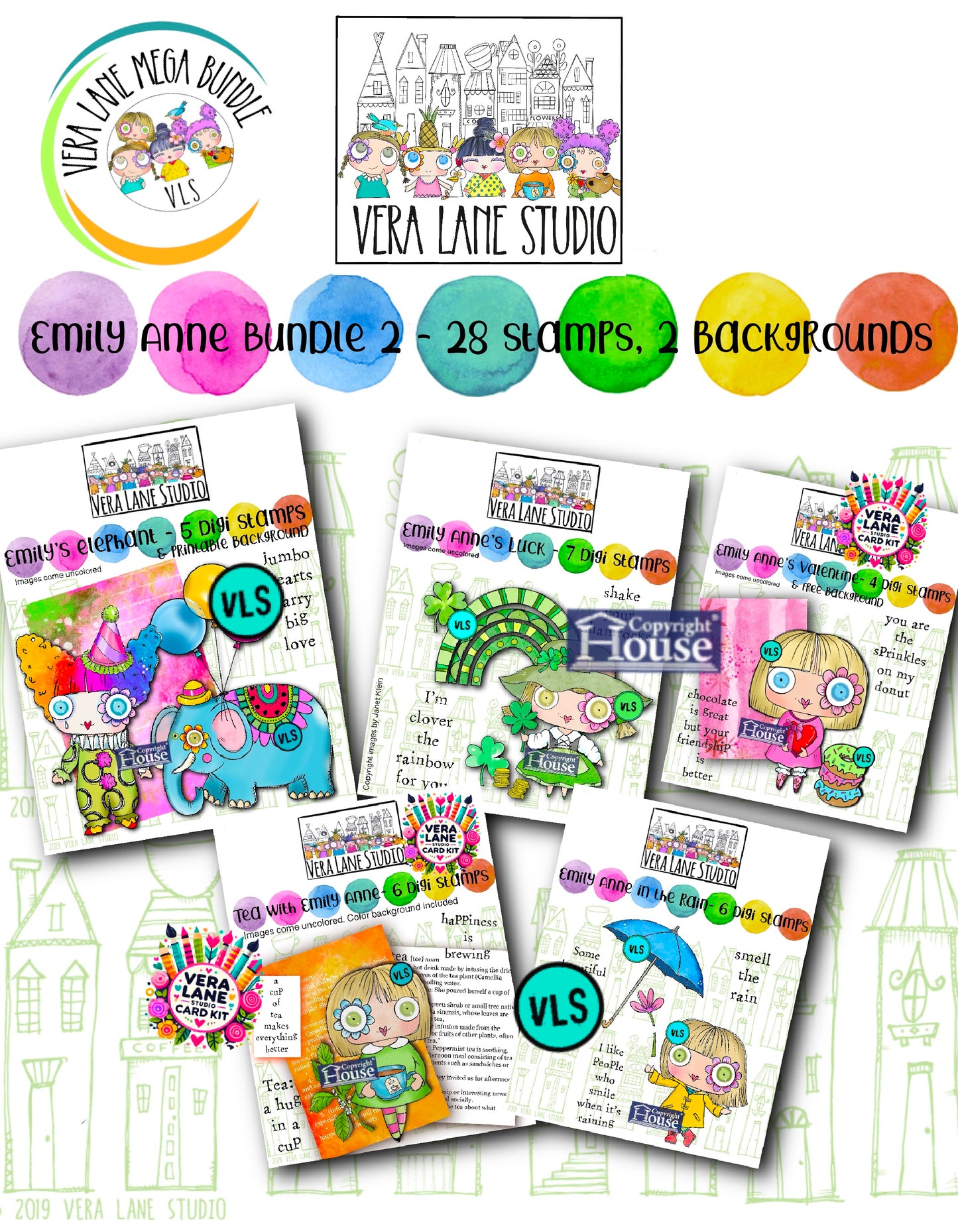 Emily Anne Bundle 2 – 5 Set Bundle | 28 Digi Stamps + 2 Backgrounds | Whimsical Hand-Drawn Digital Stamps for Cardmaking, Journals & Scrapbooking