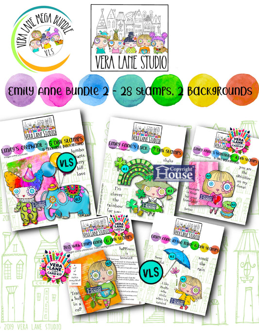 Emily Anne Bundle 2 – 5 Set Bundle | 28 Digi Stamps + 2 Backgrounds | Whimsical Hand-Drawn Digital Stamps for Cardmaking, Journals & Scrapbooking