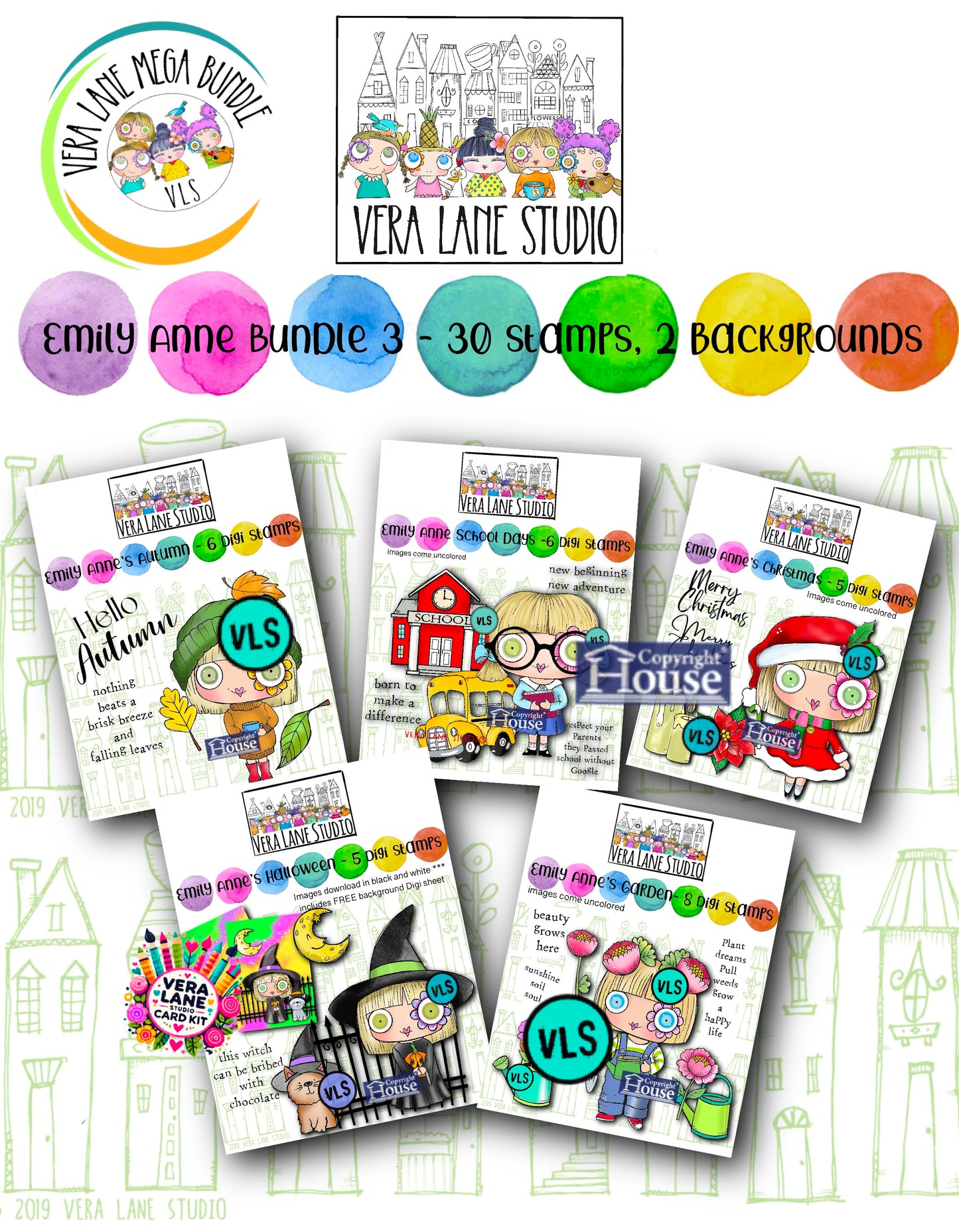 Emily Anne Bundle 3 – 5 Set Bundle | 30 Digi Stamps + 2 Backgrounds | Whimsical Hand-Drawn Digital Stamps for Cardmaking, Journals &amp; Scrapbooking