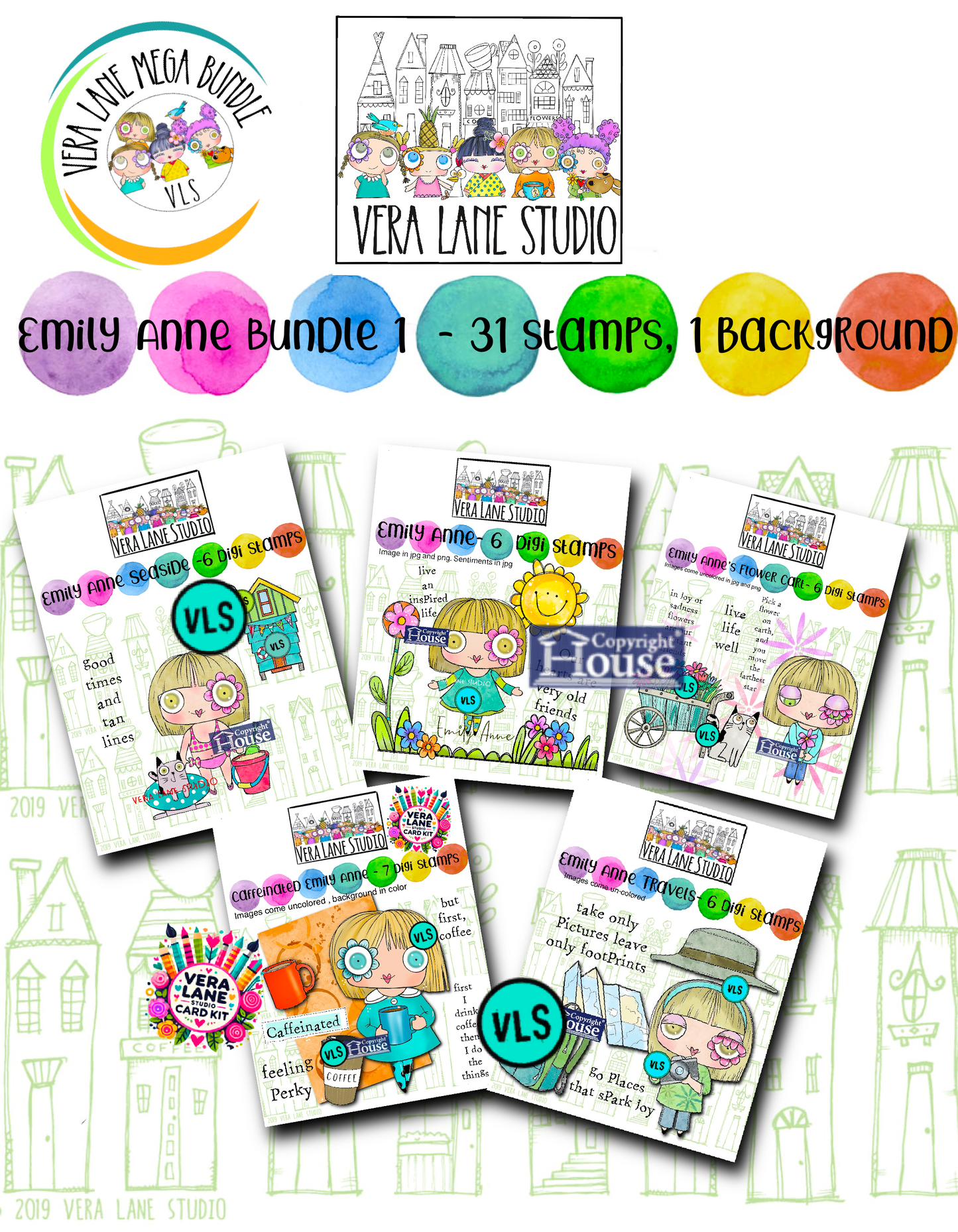 Emily Anne 5 set Bundle 1 – 31 Digi Stamps + 1 Background | Whimsical Hand-Drawn Digital Stamps for Cardmaking, Journals & Scrapbooking