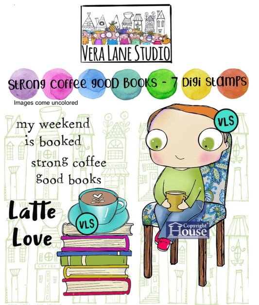 Strong Coffee, Good Books - 7 digi stamps in jpg and png files