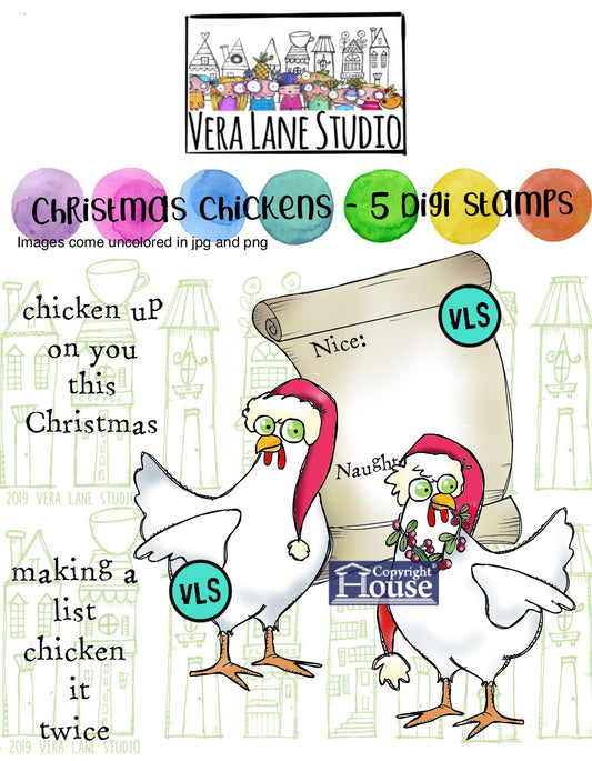 Christmas Chickens - 5 Digi stamps in jpg and PNG files