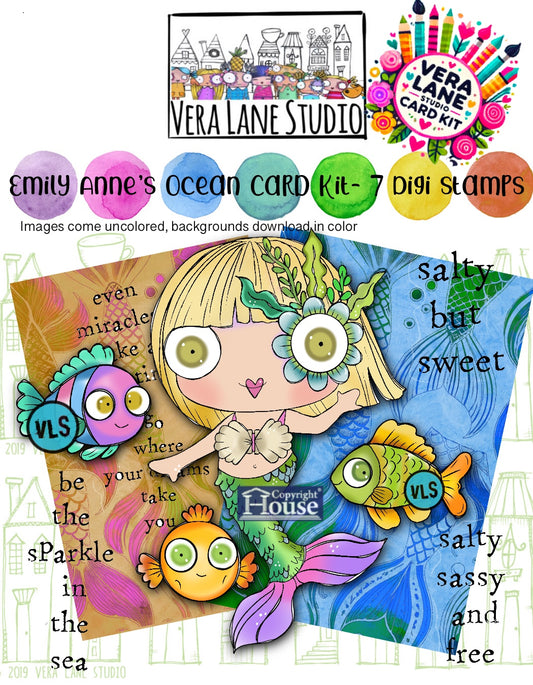 Emily Anne’s Ocean Card Kit  - 7 Digi stamps in jpg and png files, 2 color backgrounds