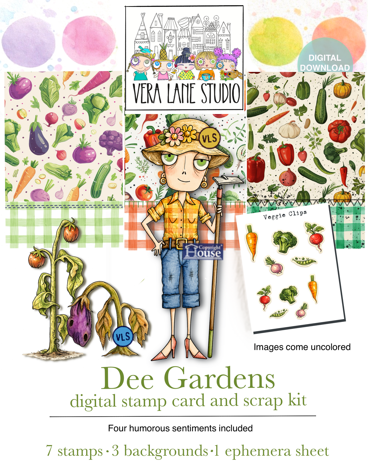 Gardener Dee Digital Stamps Set – 7 Whimsical Digi Stamps + Printables Garden Backgrounds | Funny Gardening Quotes | Vera Lane Studio Original Art