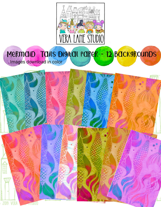 Mermaid Tails - 12 Digital  papers in assorted colors