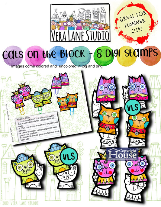 Cats on the Block - 8 digital stamps in jpg and png files. Includes color images and black and white