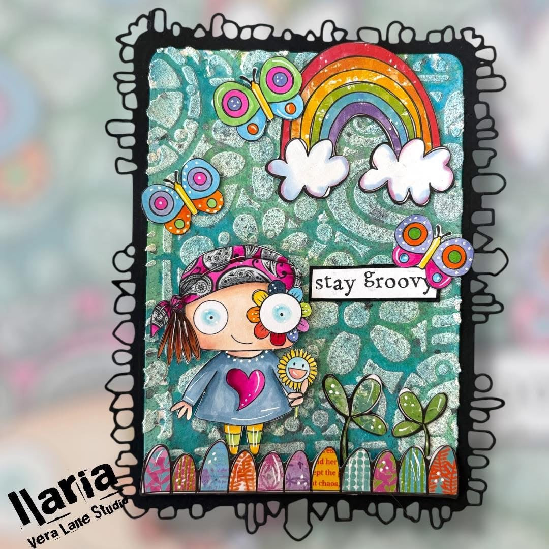 Stay Groovy card and scrap kit - 7 Digi stamps in jpg and png files, 2 backgrounds, and four bonus stickers