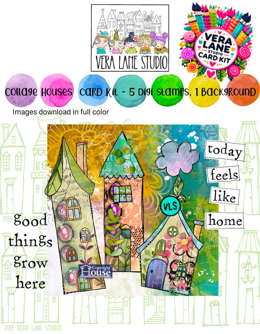 Whimsical Collage Houses Card Kit – Vera Lane Studio Digi Stamps & Printable Art Background for Scrapbooking, Journaling & DIY Cards