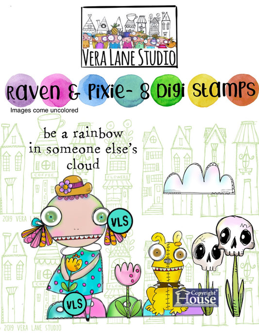 Raven and Pixie - 8 digi stamp set in jpg and png