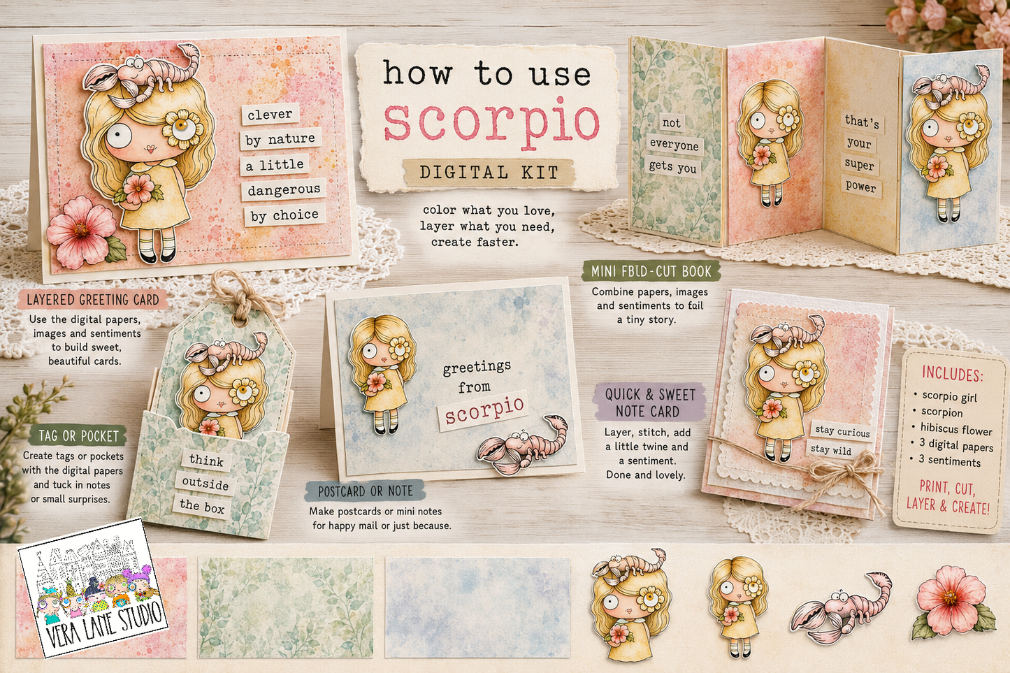 Scorpio Girl Zodiac Card and Scrap Kit