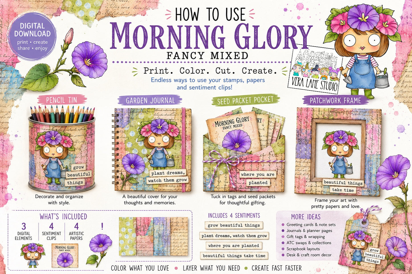 Morning Glory Digital Stamp Card Kit, Floral Garden Girl Printable Set