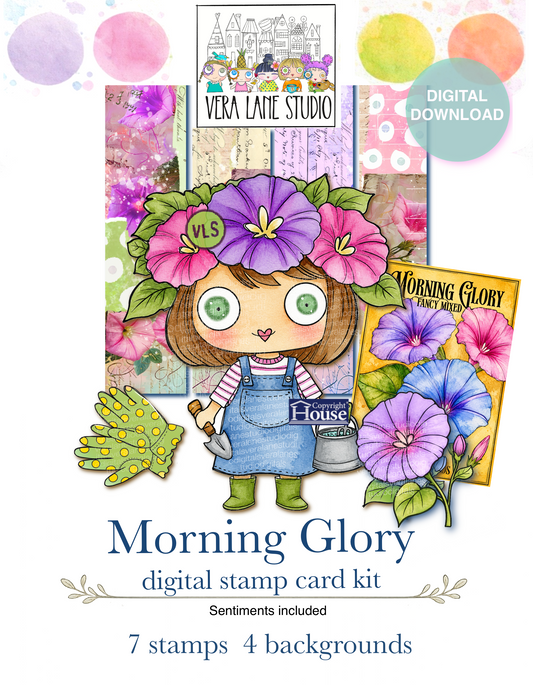 Morning Glory Digital Stamp Card Kit, Floral Garden Girl Printable Set