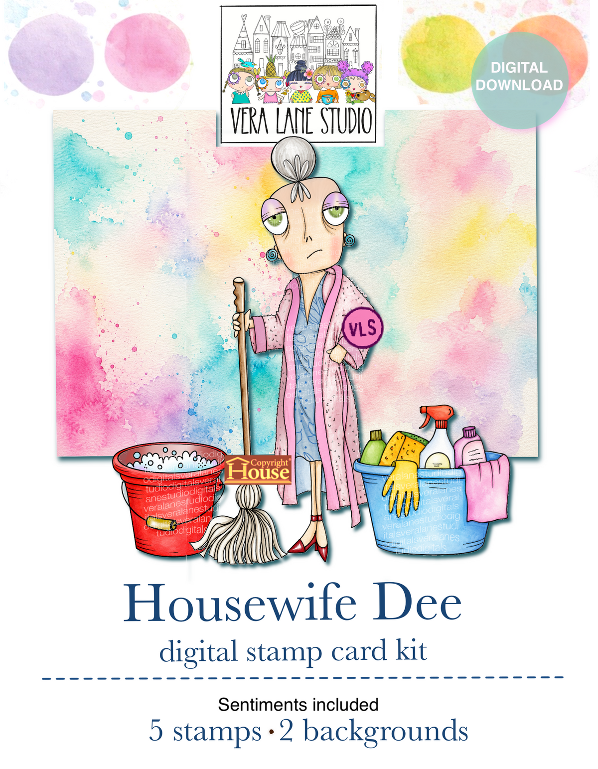 Housewife Dee Card Kit- 5 Digi stamps , 2 backgrounds
