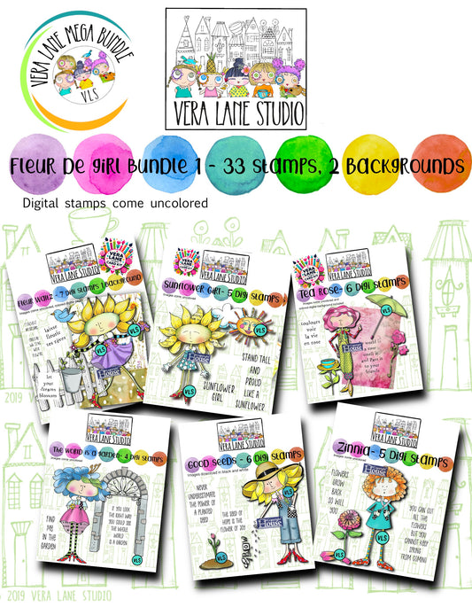 Fleur de Girl Mega Bundle – 33 Hand-Drawn Digital Stamps + 2 Backgrounds | Vera Lane Studio