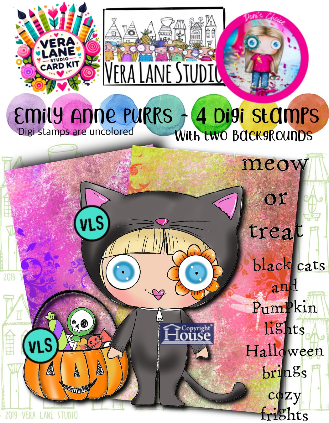 Emily Anne Purrs - 5 Digi stamps and 2 colorful backgrounds - printable files
