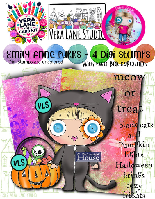 Emily Anne Purrs - 5 Digi stamps and 2 colorful backgrounds - printable files